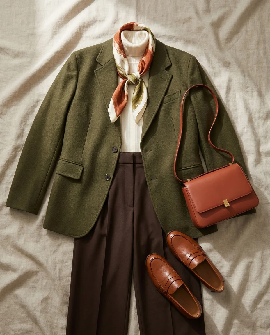 The same six pieces as a styled flat-lay photograph on linen