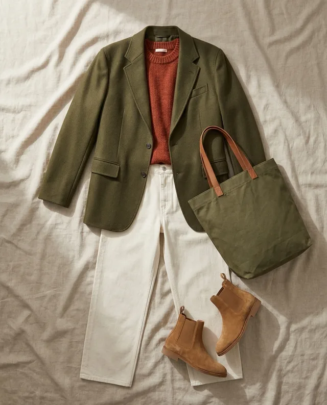 An outfit cover made by Wardify: an olive blazer over a rust jumper, ivory jeans, tan suede boots and an olive tote