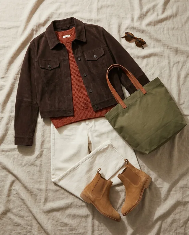An outfit cover made by Wardify: a brown suede jacket over a rust jumper, ivory jeans, tan suede boots, an olive tote and sunglasses
