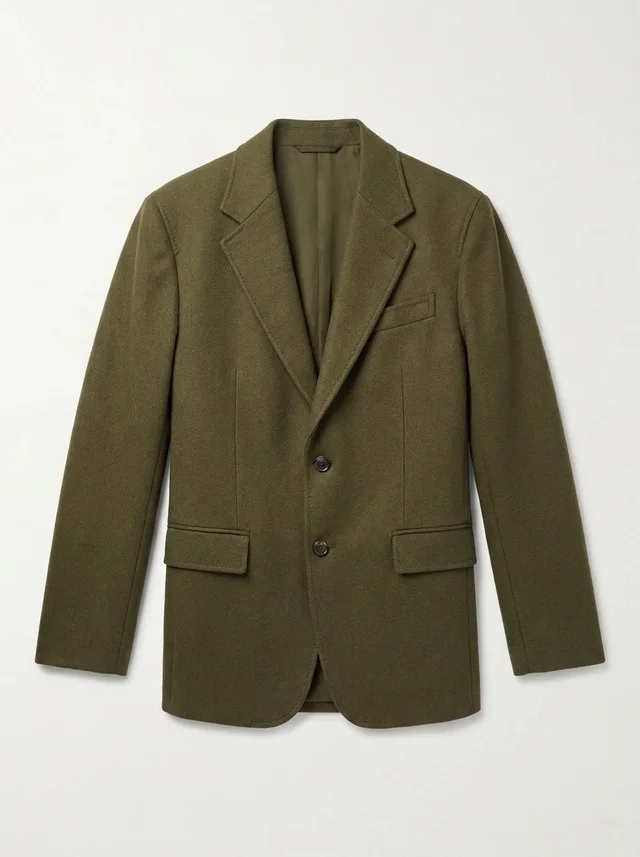 A photo of an olive wool blazer on a hanger, as taken with the phone